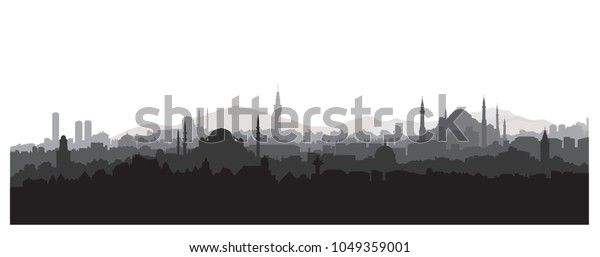 イスタンブールの都市のスカイライン トルコの背景に旅行 都市のパノラマ画像 有名な建物のシルエットを持つ町並み のベクター画像素材 ロイヤリティフリー