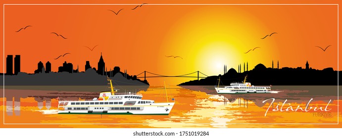 Istanbul city, Turkey. Urban sunset panoramic cityscape. Landmark buildings and mosques silhouette skyline. Travel background and poster