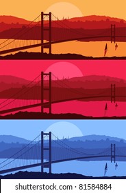 Istanbul cityscape bridge silhouettes vector illustration set