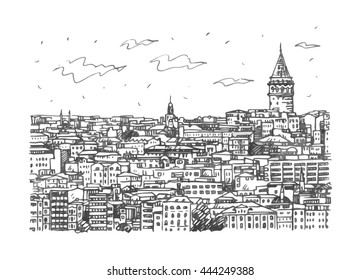 Istanbul cityscape with Galata Tower. Sketch by hand. Vector illustration.