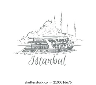 Istanbul Cruise Ship Sketch Hand Drawn