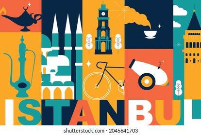 Establecimiento de viajes culturales de Estambul, arquitecturas famosas y especialidades de diseño plano. Concepto de viajes de negocios y turismo aislado en el fondo blanco. Imagen para presentación, banner, sitio web, aplicación, anuncio