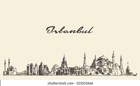 Istanbul detailed skyline, Turkey,  vintage engraved illustration, hand drawn, sketch