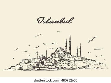 Istanbul detailed skyline, Turkey, vintage engraved illustration, hand drawn, sketch