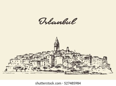 Istanbul detailed skyline, Turkey, vintage engraved illustration, hand drawn, sketch