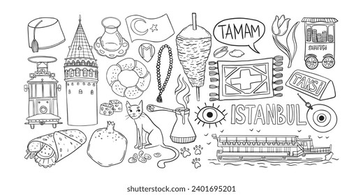 Istanbul doodle set, Turkish symbols outline collection, Hand-drawn sketch collection of traditional Istanbul icons including tram, Galata Tower, Turkish coffee, tea, lokum, and a ferry