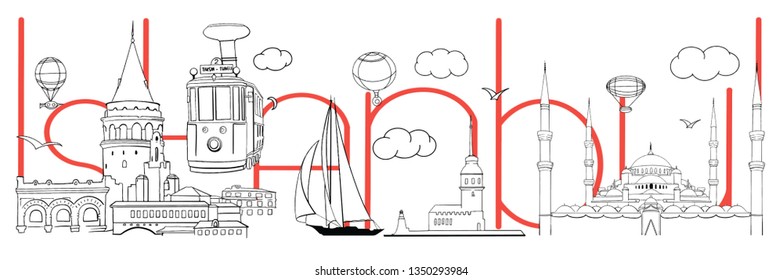 Istanbul doodle silhouette. Vector skyline illustration - clouds, balloons. Collage or city panorama