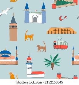Istanbul doodle, süße Vektorgrafik, nahtloses Muster, Topkapi Palast, Galata, Hagia Sophia Moschee, Möwe, Maiden Turm. Handgezeichnete Hintergrundumschlag-Vorlage oder Magnet oder Notebook-Cover-Design.