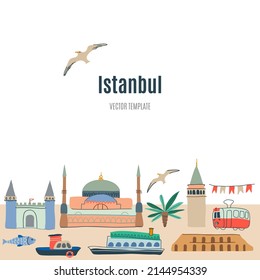 Istanbul doodle vector elegant illustration, with map city, Galata, Topkapi Palace, Hagia sophia mosque, gull, Bosphorus strait. Hand drawn travel website main page template or brochure for tourist.