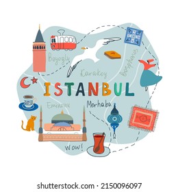 Istanbul doodle vector elegant illustration, with map city, Galata, Topkapi Palace, Hagia sophia mosque, gull, Bosphorus strait. Hand drawn travel website main page template or brochure for tourist.