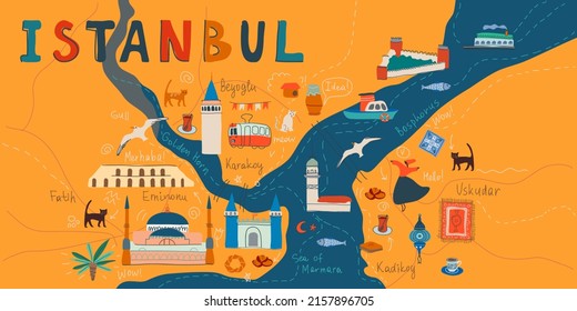 Istanbul doodle Vektor elegante Illustration, mit Karte Stadt, Galata, Topkapi Palast, Hagia sophia Moschee, Golden, Bosporus Straße. Handgezeichnete Reise-Website Hauptseite Vorlage oder Broschüre für Touristen.