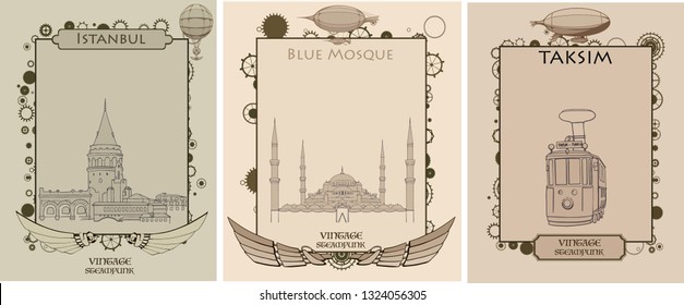 Istanbul doodle vector frame invitation letter, vintage retro ticket, steampunk airships, Blue Mosque, Taksim, skyline tourism