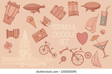 Istanbul doodles illustration drawing landscape set, vintage wallpaper. Sketch of balloon, tower, trolley.