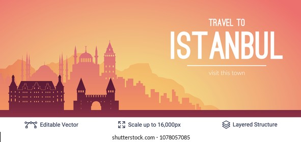 Istanbul famous city scape. Flat well known silhouettes. Vector illustration easy to edit for flyers or web banners.