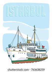 Istanbul Ferry Boat Hand Drawn Illustration