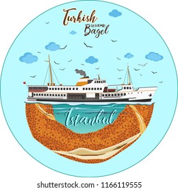 Istanbul Ferry illustration with istanbul silhouette. Traditional Turkish steamboat. Seagulls - Turkish traditional bagel simit. Cartoon vector illustration in flat style. Turkish Sesame Bagel