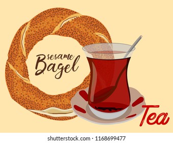 Istanbul Ferry illustration with istanbul silhouette. Traditional Turkish steamboat. Seagulls - Turkish traditional bagel simit. carton vector illustration in flat style. Turkish Sesame Bagel and tea