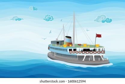 Istanbul ferry illustration.Traditional Turkish steamboat. Seagulls