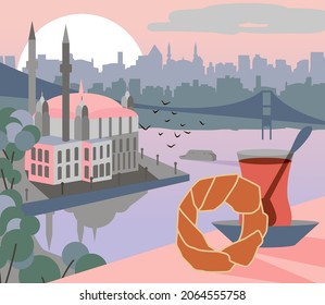 Istanbul flat illustration. Modern flat style turkish city illustration. Istanbul holiday travel flat drawing. Hand sketched poster, banner, postcard, card template for travel company, T-shirt, shirt