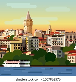 Istanbul galata city illustration for print. Panorama of Istanbul flat style vector illustration. Istanbul architecture. Cartoon Turkey symbols and objects