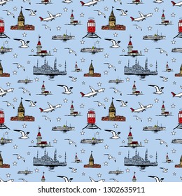 istanbul graphic design vector art, repeating pattern of elements on blue background