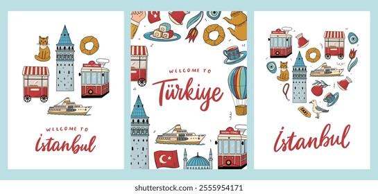 Istanbul greeting cards, posters, banners collection decorated with lettering quotes and colorful doodles. EPS 10