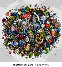 Istanbul hand drawn cartoon doodles illustration. Funny travel design. Creative art vector background. Turkey symbols, elements and objects. Colorful composition