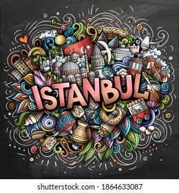 Istanbul hand drawn cartoon doodles illustration. Funny travel design. Creative art vector background. Handwritten text with Turkey symbols, elements and objects. Colorful composition