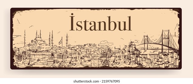 Istanbul hand drawn, sketch style, isolated illustration. Bosphorus, vintage engraved illustration. Panoramic ISTANBUL city view. Turkey.