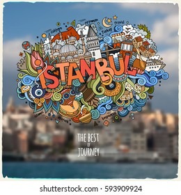 Istanbul hand lettering and doodles elements and symbols emblem. Vector blurred background