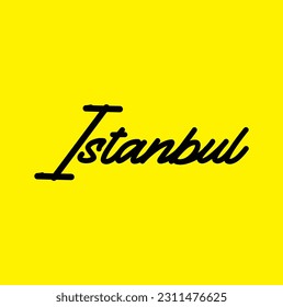 Istanbul. Hand lettering. Vector logo of Istanbul in black color with seagulls on yellow background. souvenir products, banner emblem, travel blog social media, brochure, flyer. Digital illustration.