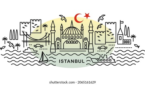 Istanbul holiday travel line art drawing. Modern flat style Istanbul illustration.