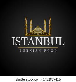 Istanbul Icon Restaurant. Turkish Food Cuisine. Logotype Turkey Chef. Flat Golden Icon.