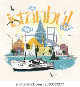 
Istanbul landmarks cartoon, vector, retro, vintage.