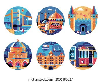 Istanbul landmarks circle travel icons with tourist places including bridge, turkish bath, palace, red tram and mosque. Popular Turkey architectural symbols and buildings icon set.