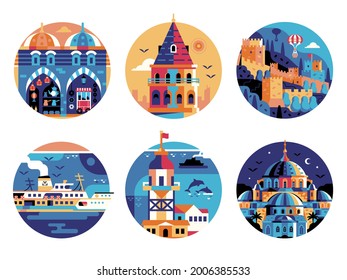 Istanbul Wahrzeichen umkreist Reiseleien mit touristischen Orten wie türkische Basar, alte Festung, Leuchtturm, Fähre und Moschee. Beliebte türkische Architektursymbole und Gebäude Icon Set.