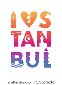 Estambul. Ilustración de la ciudad de Estambul, Turquía. Famosos monumentos y símbolos turcos en la palabra silueta. Diseño de tipografía para la impresión de recuerdos y la promoción de la ciudad. 