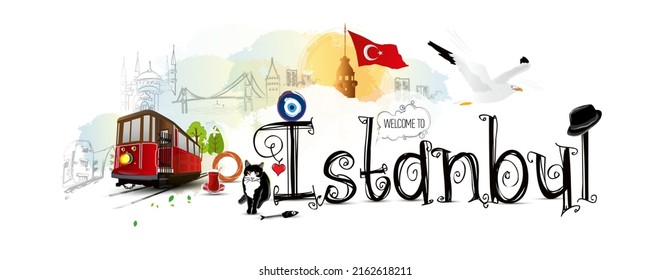 istanbul logo. tram drawing. mosque, seagull, hat, evil eye bead, Bosphorus bridge, heart, bagel, traditional Turkish tea, trees, black cat, fish bone, sea and passenger ferry, Galata tower, sunrise.