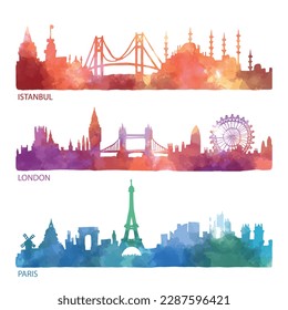 Istanbul, London, Paris skyline with its main attractions. Hand drawn watercolor vector illustration. Image for banner or web site.