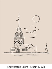 Istanbul Maiden Tower Vector Sketch For Printing