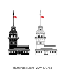 Türkiye, el dibujo de la torre de Istanbul Maiden. 2 versiones. vectorial.