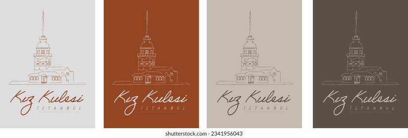 Istanbul and Maiden's Tower line illustration vector, 4 different backgrounds. Translation: "Maiden's Tower, Istanbul"