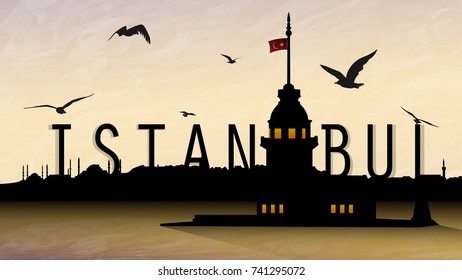 istanbul and maiden's tower silhoutte with beautiful sky and birds.
