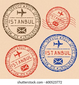 Istanbul mail stamps collection. Faded colored impress. Vector illustration on beige background