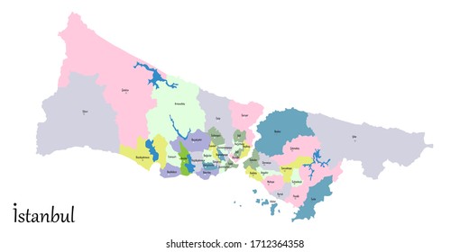 Istanbul Map. County Names. Isolated Vector Illustration.