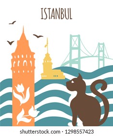 Istanbul. Modern vector illustration with a flat silhouette of the Maiden Tower, Galata Tower, the bridge, tulips and a cat on white. Card, poster, flier, print design. Travel to Turkey concept.