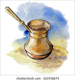 Istanbul notes - traditional Turkish coffee pot. Traced watercolor sketch with a line drawing in a separate layer above. EPS10 vector illustration.