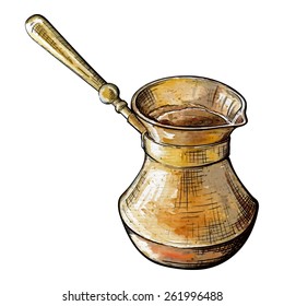 Istanbul notes - traditional Turkish coffee pot. Traced watercolor sketch with a separate outline, isolated on white background. EPS10 vector illustration.