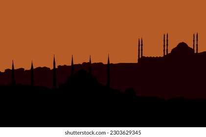 istanbul old city silhouette at sunrise with historical mosques.