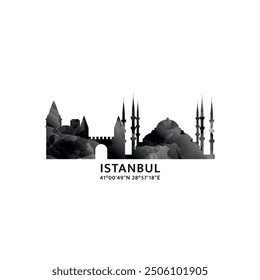 Istanbul panorama, vector badge, skyline logo and icon. Turkey city horizon logotype with landmarks and building silhouettes. Isolated foggy abstract gradient graphic